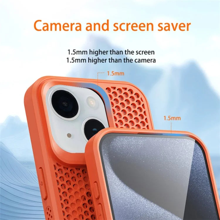 For iPhone 15 Plus Case Breathable Heat Dissipation Hollow PC+TPU Hybrid Phone Cover
