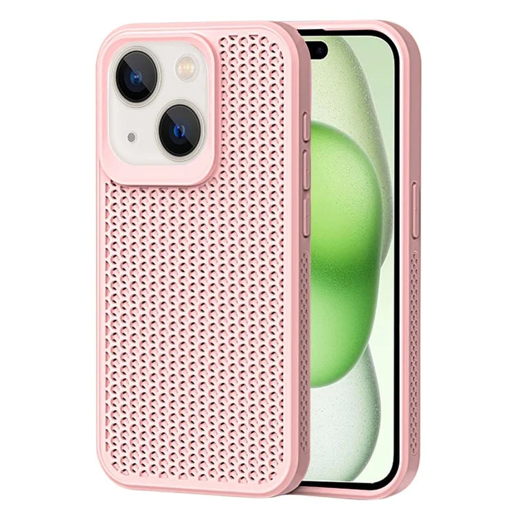 For iPhone 15 Plus Case Breathable Heat Dissipation Hollow PC+TPU Hybrid Phone Cover