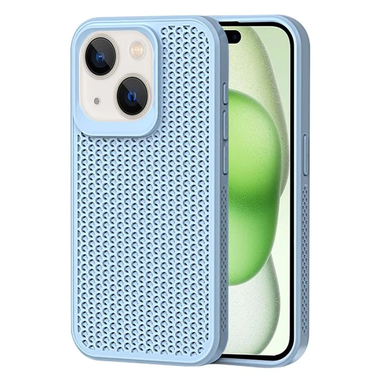 For iPhone 15 Plus Case Breathable Heat Dissipation Hollow PC+TPU Hybrid Phone Cover