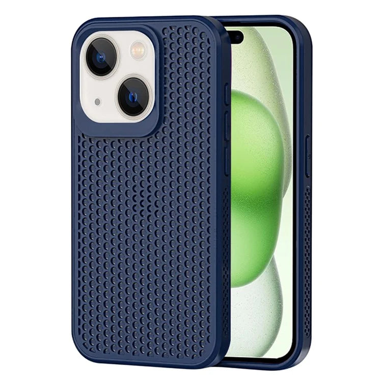 For iPhone 15 Plus Case Breathable Heat Dissipation Hollow PC+TPU Hybrid Phone Cover