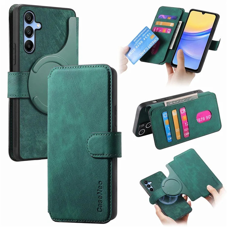 CASENEO MW-03 For Samsung Galaxy A15 4G / 5G Case Retro Leather Stand RFID Blocking Detachable Phone Cover