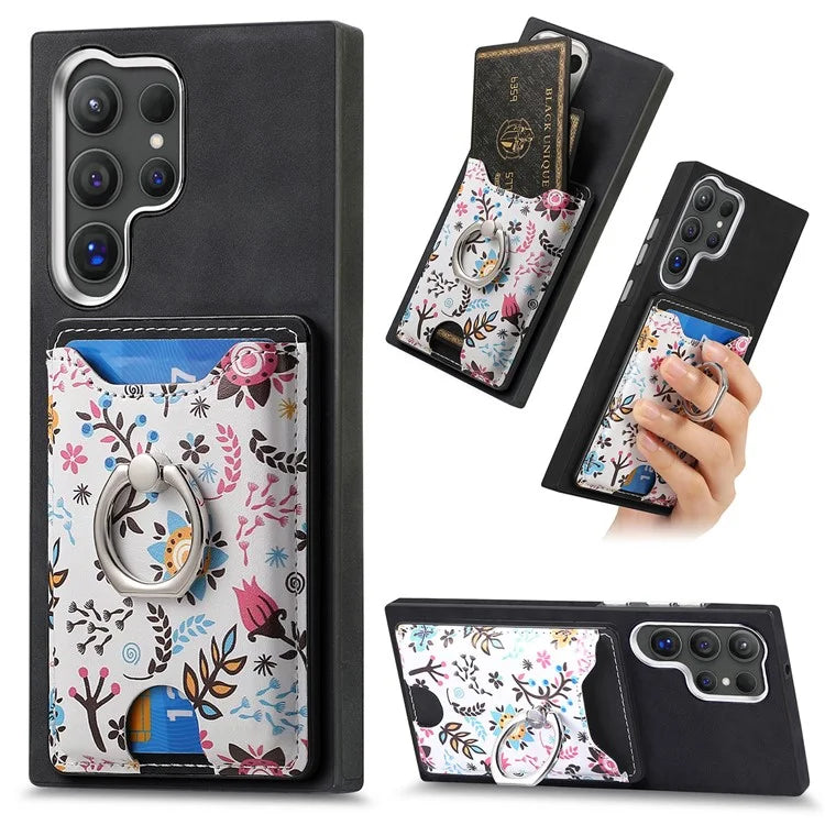 E4 for Samsung Galaxy S24 Ultra Case Leather Coated TPU Pattern Phone Cover with Ring Holder
