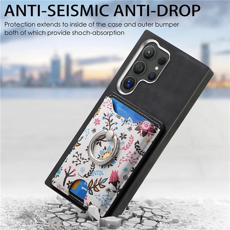E4 for Samsung Galaxy S24 Ultra Case Leather Coated TPU Pattern Phone Cover with Ring Holder