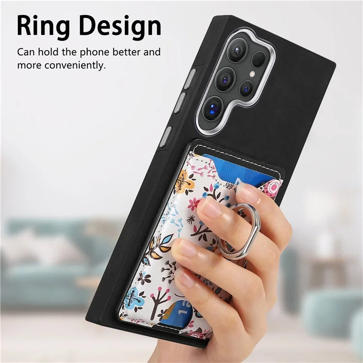E4 for Samsung Galaxy S24 Ultra Case Leather Coated TPU Pattern Phone Cover with Ring Holder