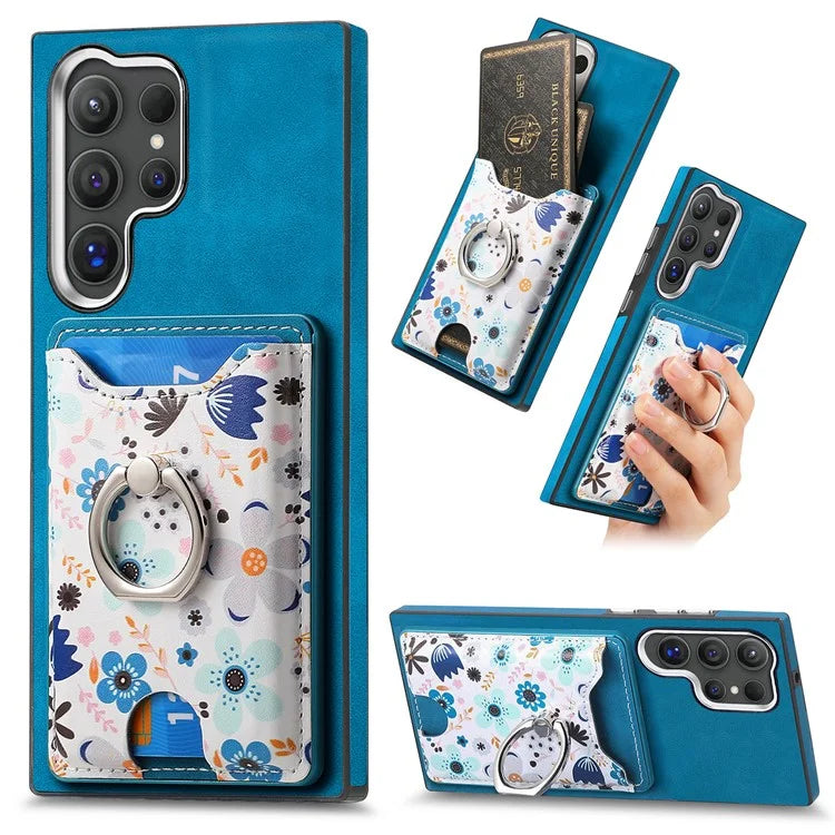 E4 for Samsung Galaxy S24 Ultra Case Leather Coated TPU Pattern Phone Cover with Ring Holder