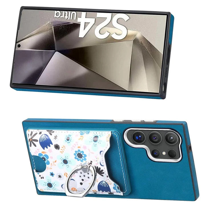 E4 for Samsung Galaxy S24 Ultra Case Leather Coated TPU Pattern Phone Cover with Ring Holder