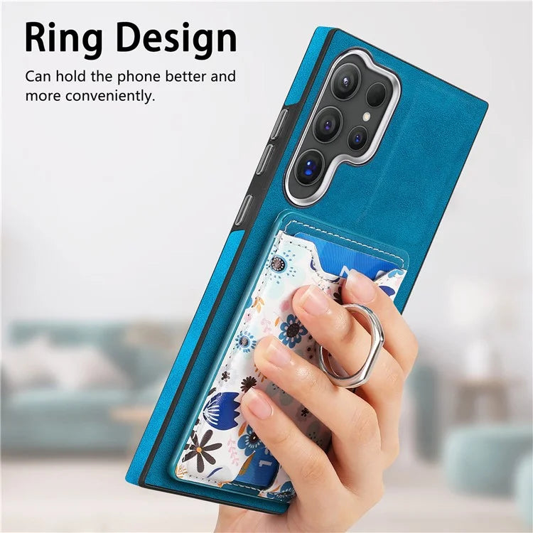 E4 for Samsung Galaxy S24 Ultra Case Leather Coated TPU Pattern Phone Cover with Ring Holder