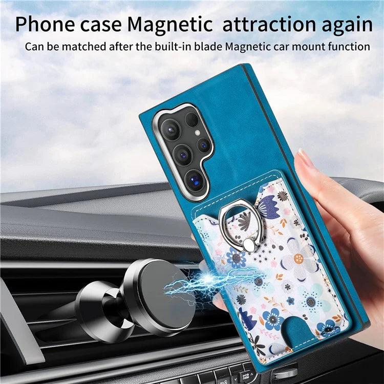 E4 for Samsung Galaxy S24 Ultra Case Leather Coated TPU Pattern Phone Cover with Ring Holder