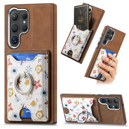 E4 for Samsung Galaxy S24 Ultra Case Leather Coated TPU Pattern Phone Cover with Ring Holder