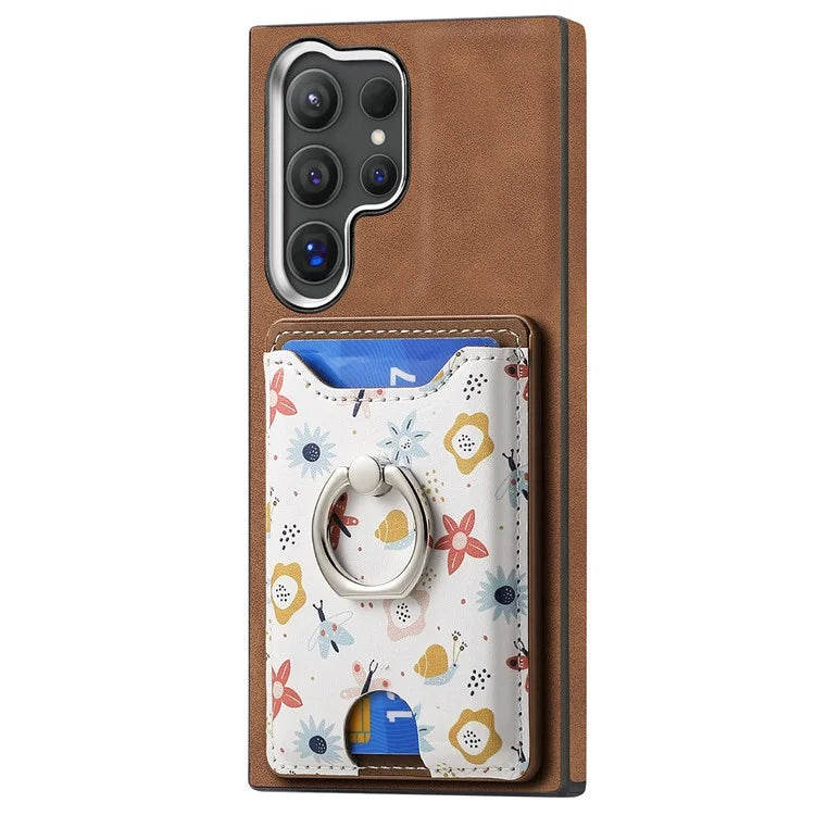 E4 for Samsung Galaxy S24 Ultra Case Leather Coated TPU Pattern Phone Cover with Ring Holder