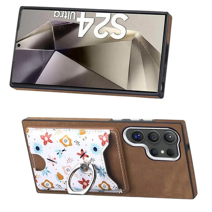 E4 for Samsung Galaxy S24 Ultra Case Leather Coated TPU Pattern Phone Cover with Ring Holder