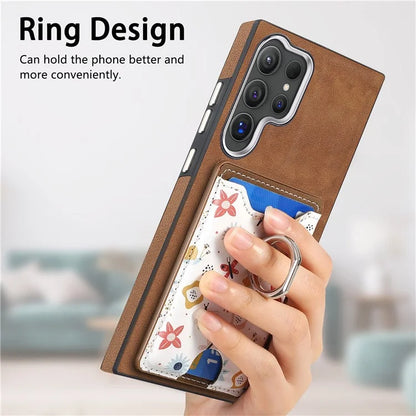 E4 for Samsung Galaxy S24 Ultra Case Leather Coated TPU Pattern Phone Cover with Ring Holder