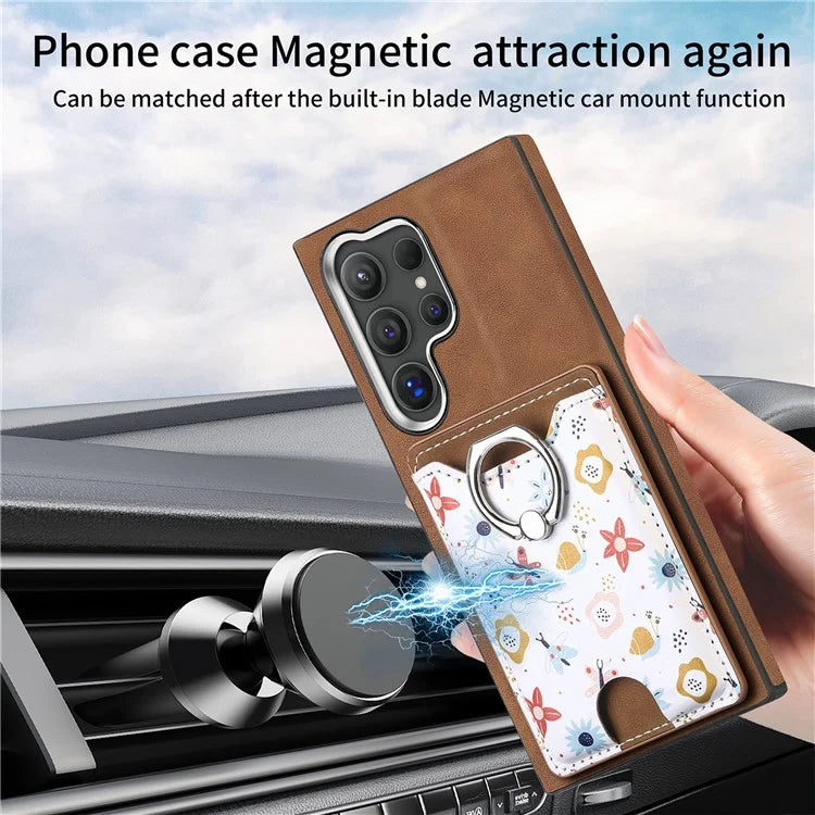 E4 for Samsung Galaxy S24 Ultra Case Leather Coated TPU Pattern Phone Cover with Ring Holder