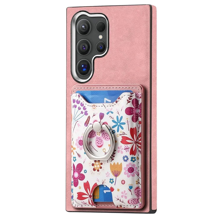 E4 for Samsung Galaxy S24 Ultra Case Leather Coated TPU Pattern Phone Cover with Ring Holder