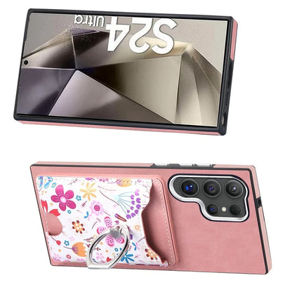 E4 for Samsung Galaxy S24 Ultra Case Leather Coated TPU Pattern Phone Cover with Ring Holder