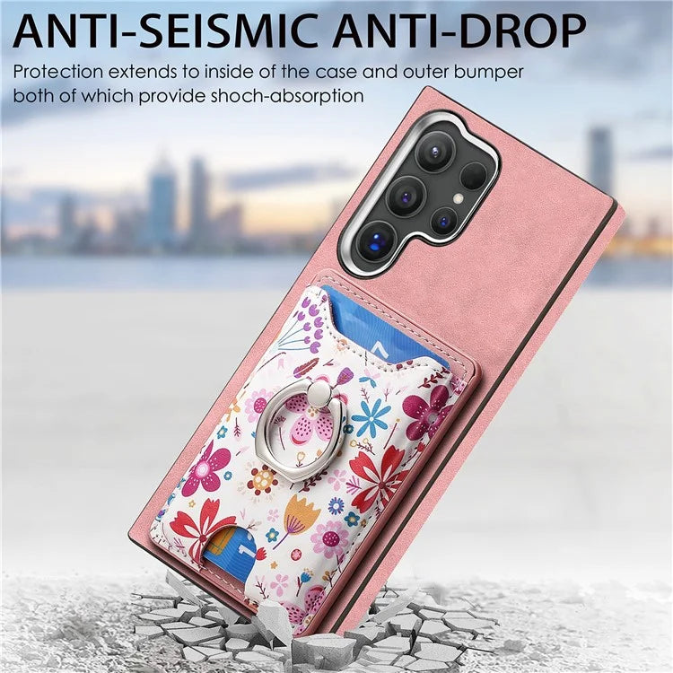 E4 for Samsung Galaxy S24 Ultra Case Leather Coated TPU Pattern Phone Cover with Ring Holder