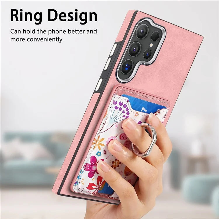 E4 for Samsung Galaxy S24 Ultra Case Leather Coated TPU Pattern Phone Cover with Ring Holder