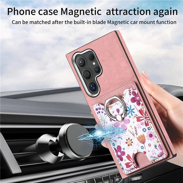 E4 for Samsung Galaxy S24 Ultra Case Leather Coated TPU Pattern Phone Cover with Ring Holder