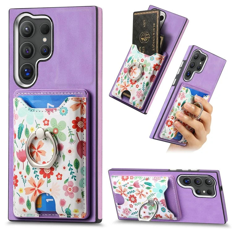 E4 for Samsung Galaxy S24 Ultra Case Leather Coated TPU Pattern Phone Cover with Ring Holder