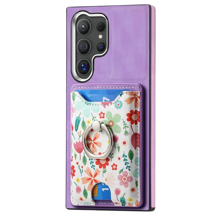 E4 for Samsung Galaxy S24 Ultra Case Leather Coated TPU Pattern Phone Cover with Ring Holder