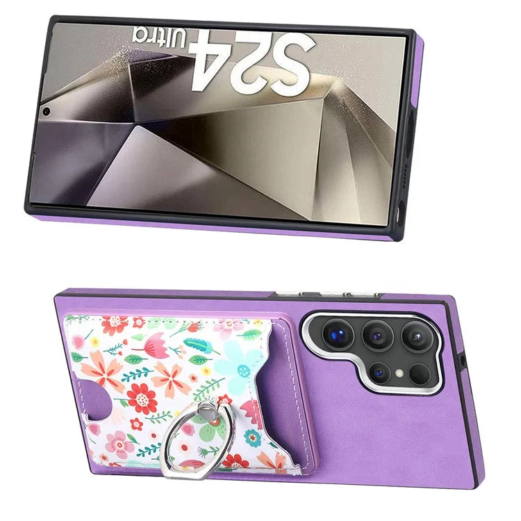 E4 for Samsung Galaxy S24 Ultra Case Leather Coated TPU Pattern Phone Cover with Ring Holder