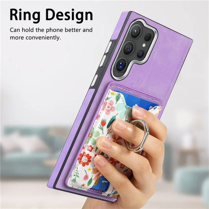 E4 for Samsung Galaxy S24 Ultra Case Leather Coated TPU Pattern Phone Cover with Ring Holder