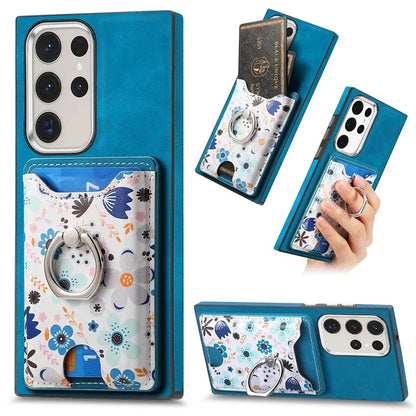 E4 for Samsung Galaxy S22 Ultra 5G Case with Card Holder Leather Coated TPU Kickstand Phone Cover