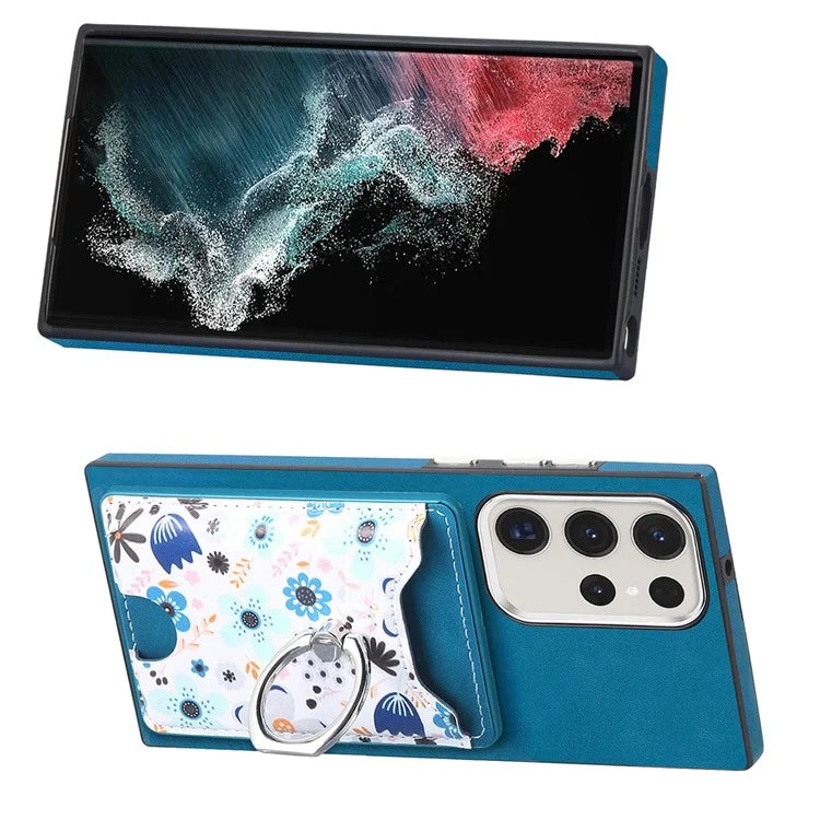 E4 for Samsung Galaxy S22 Ultra 5G Case with Card Holder Leather Coated TPU Kickstand Phone Cover