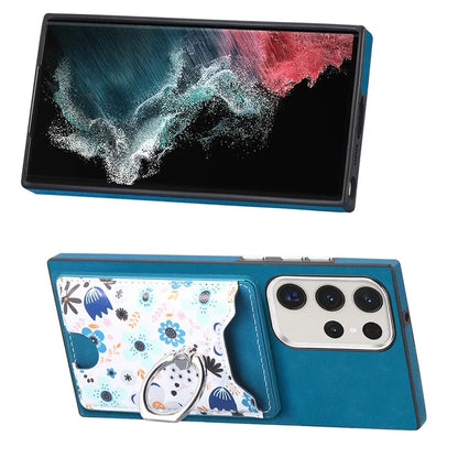 E4 for Samsung Galaxy S22 Ultra 5G Case with Card Holder Leather Coated TPU Kickstand Phone Cover