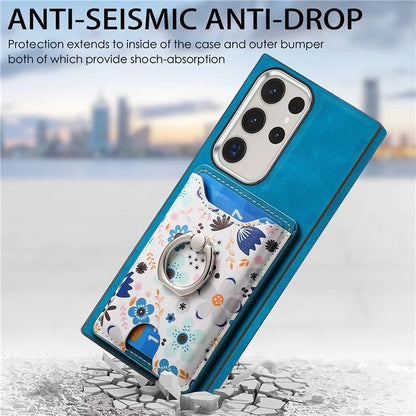 E4 for Samsung Galaxy S22 Ultra 5G Case with Card Holder Leather Coated TPU Kickstand Phone Cover