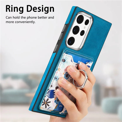 E4 for Samsung Galaxy S22 Ultra 5G Case with Card Holder Leather Coated TPU Kickstand Phone Cover