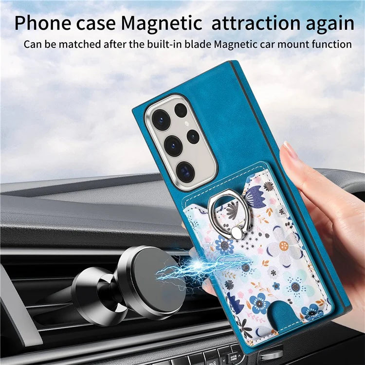 E4 for Samsung Galaxy S22 Ultra 5G Case with Card Holder Leather Coated TPU Kickstand Phone Cover