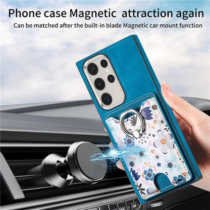 E4 for Samsung Galaxy S22 Ultra 5G Case with Card Holder Leather Coated TPU Kickstand Phone Cover