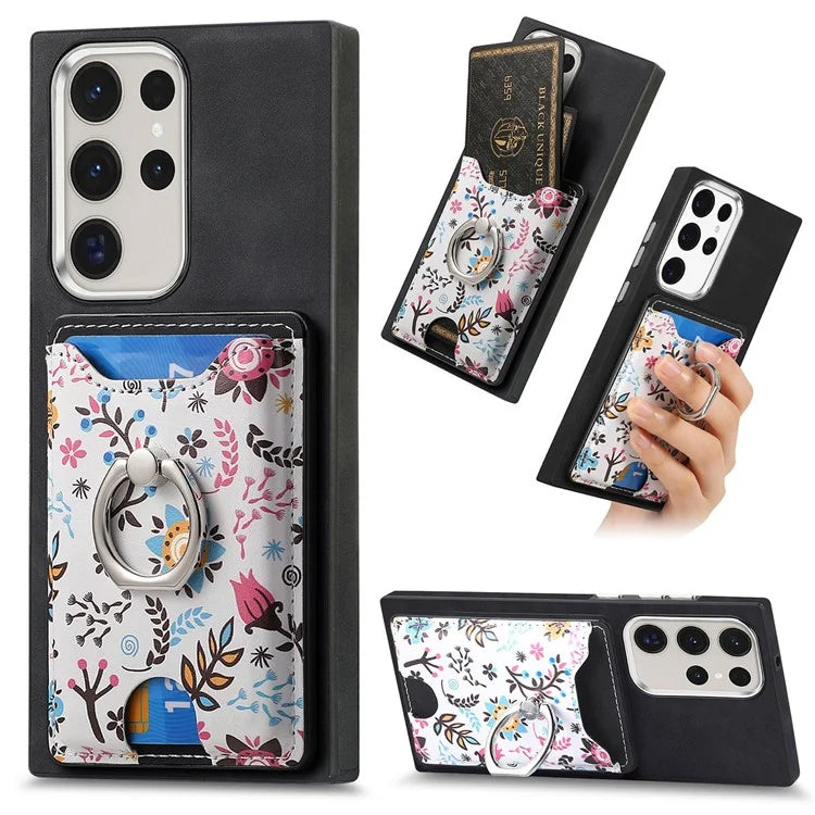 E4 for Samsung Galaxy S22 Ultra 5G Case with Card Holder Leather Coated TPU Kickstand Phone Cover