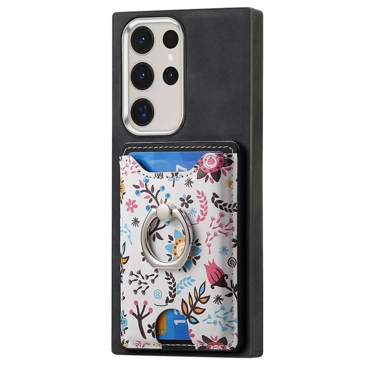E4 for Samsung Galaxy S22 Ultra 5G Case with Card Holder Leather Coated TPU Kickstand Phone Cover