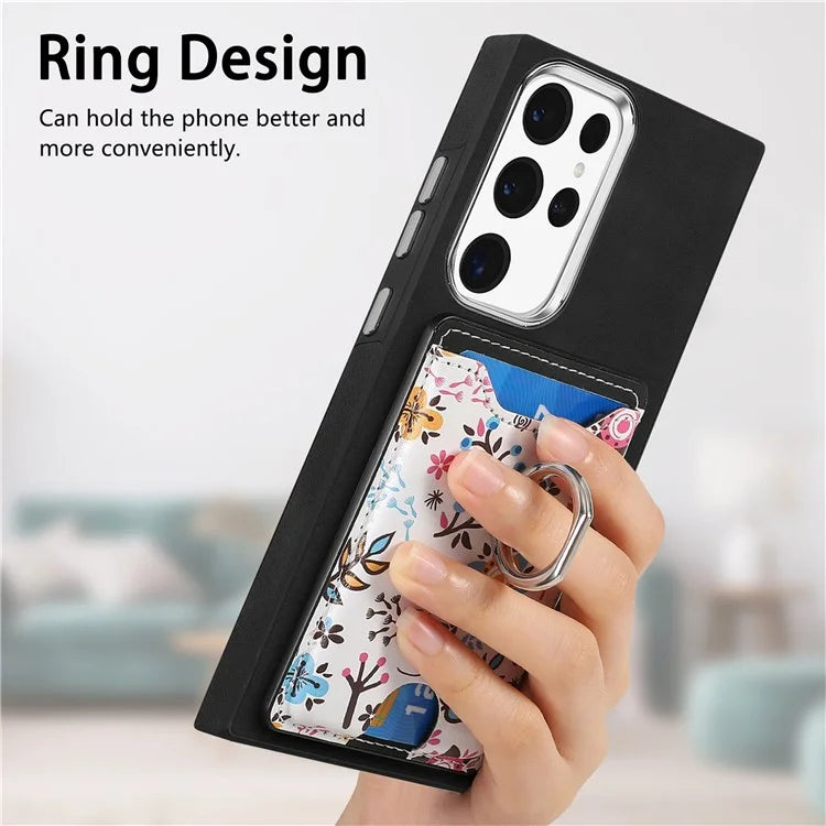 E4 for Samsung Galaxy S22 Ultra 5G Case with Card Holder Leather Coated TPU Kickstand Phone Cover