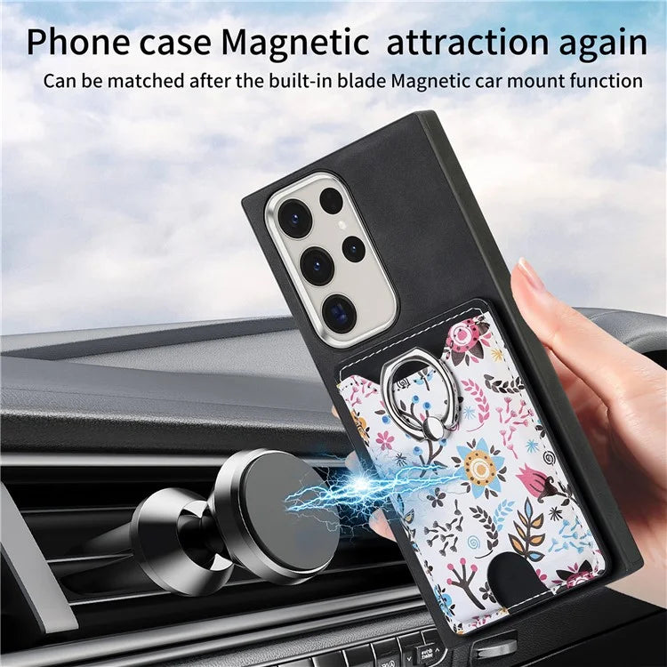 E4 for Samsung Galaxy S22 Ultra 5G Case with Card Holder Leather Coated TPU Kickstand Phone Cover
