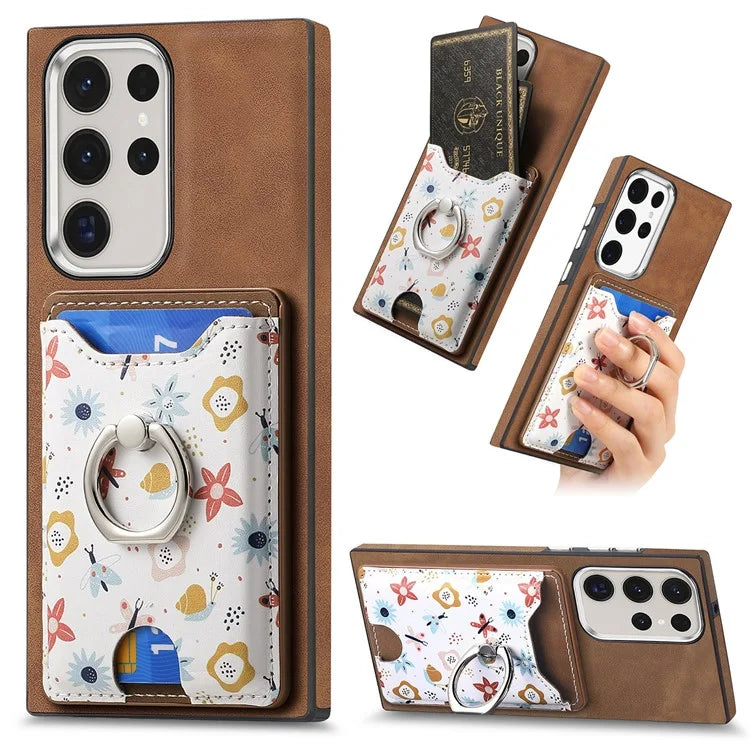 E4 for Samsung Galaxy S22 Ultra 5G Case with Card Holder Leather Coated TPU Kickstand Phone Cover