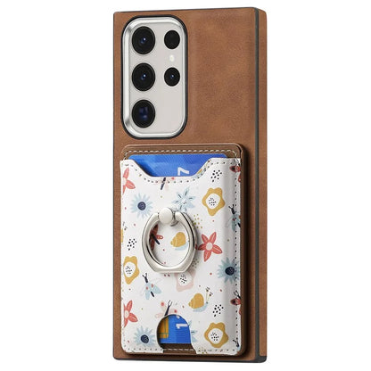 E4 for Samsung Galaxy S22 Ultra 5G Case with Card Holder Leather Coated TPU Kickstand Phone Cover