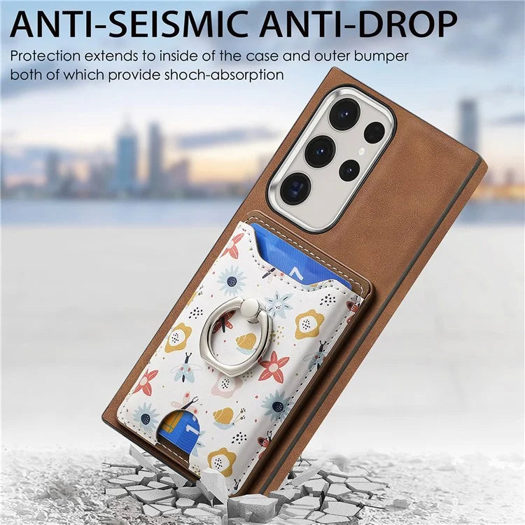 E4 for Samsung Galaxy S22 Ultra 5G Case with Card Holder Leather Coated TPU Kickstand Phone Cover