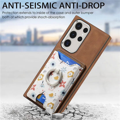 E4 for Samsung Galaxy S22 Ultra 5G Case with Card Holder Leather Coated TPU Kickstand Phone Cover