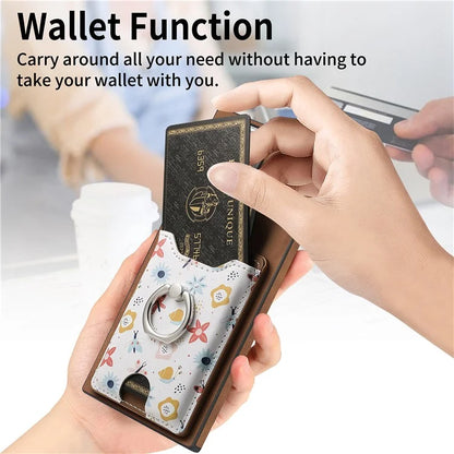 E4 for Samsung Galaxy S22 Ultra 5G Case with Card Holder Leather Coated TPU Kickstand Phone Cover