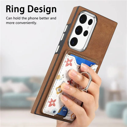E4 for Samsung Galaxy S22 Ultra 5G Case with Card Holder Leather Coated TPU Kickstand Phone Cover