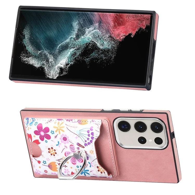 E4 for Samsung Galaxy S22 Ultra 5G Case with Card Holder Leather Coated TPU Kickstand Phone Cover
