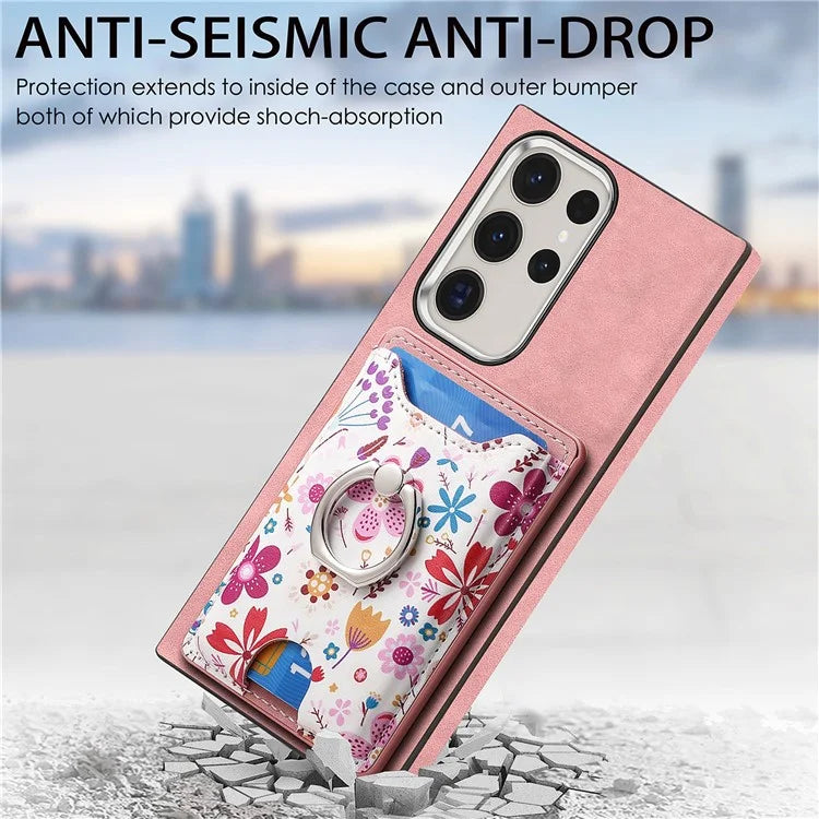E4 for Samsung Galaxy S22 Ultra 5G Case with Card Holder Leather Coated TPU Kickstand Phone Cover