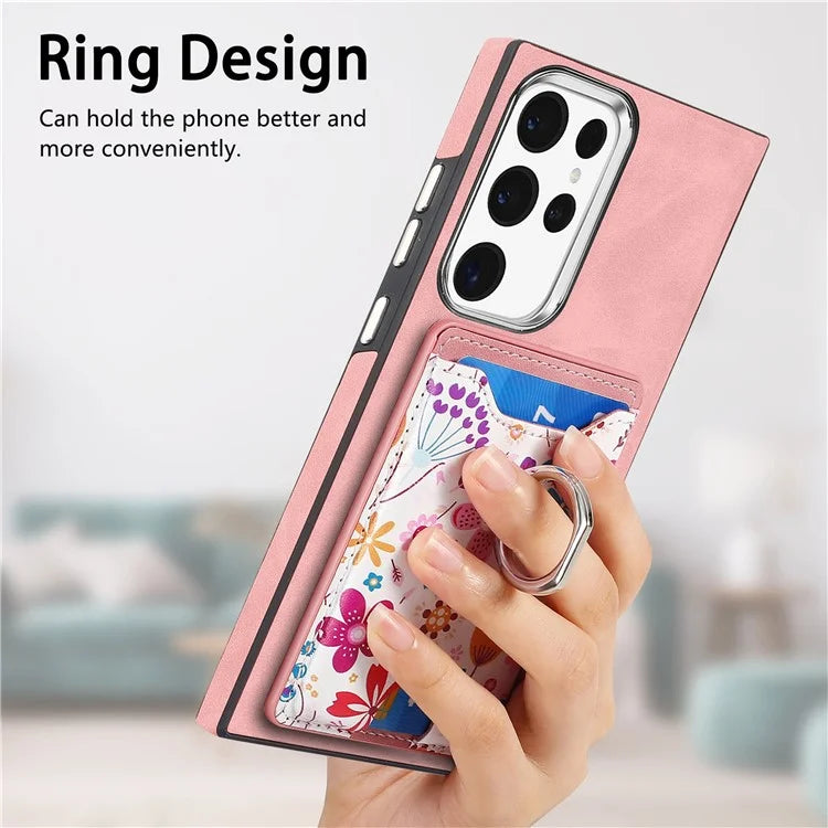 E4 for Samsung Galaxy S22 Ultra 5G Case with Card Holder Leather Coated TPU Kickstand Phone Cover
