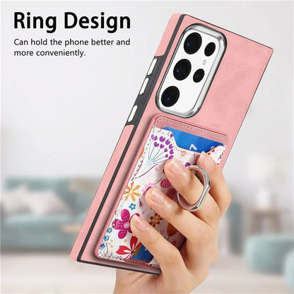 E4 for Samsung Galaxy S22 Ultra 5G Case with Card Holder Leather Coated TPU Kickstand Phone Cover