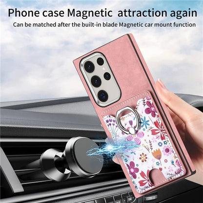 E4 for Samsung Galaxy S22 Ultra 5G Case with Card Holder Leather Coated TPU Kickstand Phone Cover