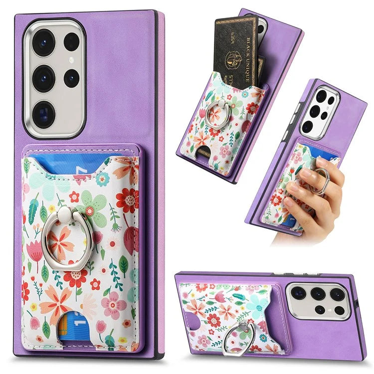 E4 for Samsung Galaxy S22 Ultra 5G Case with Card Holder Leather Coated TPU Kickstand Phone Cover