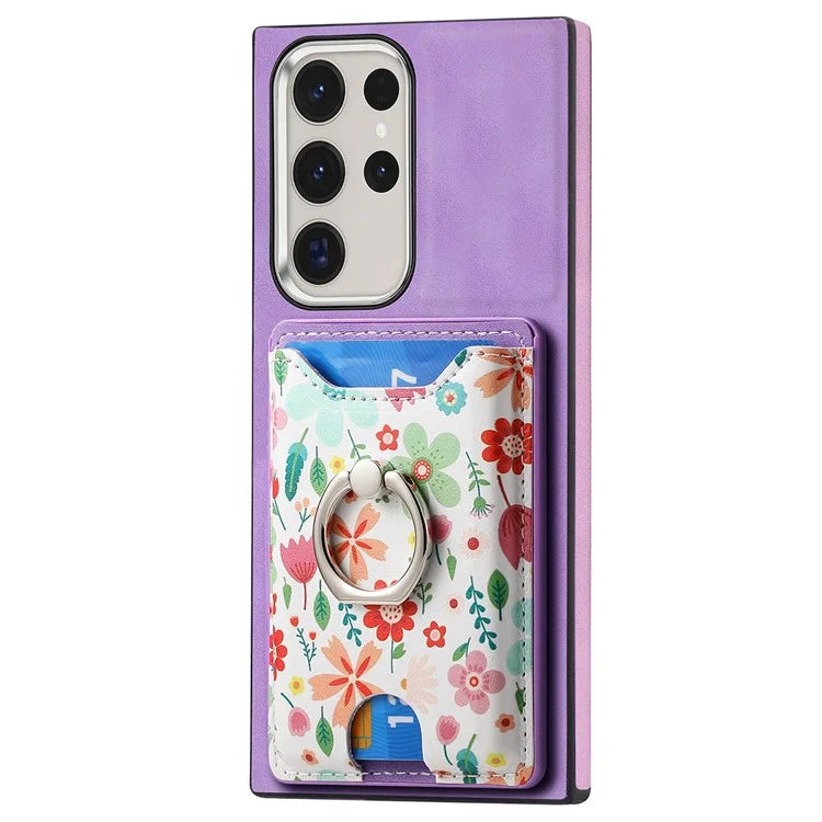 E4 for Samsung Galaxy S22 Ultra 5G Case with Card Holder Leather Coated TPU Kickstand Phone Cover